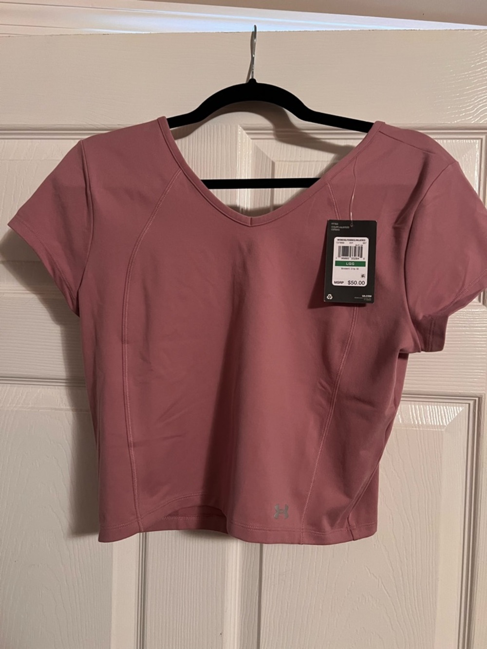 Under Armour Women’s Dusty Rose Short Sleeve V-Neck fitted crop tee sz LARGE NWT